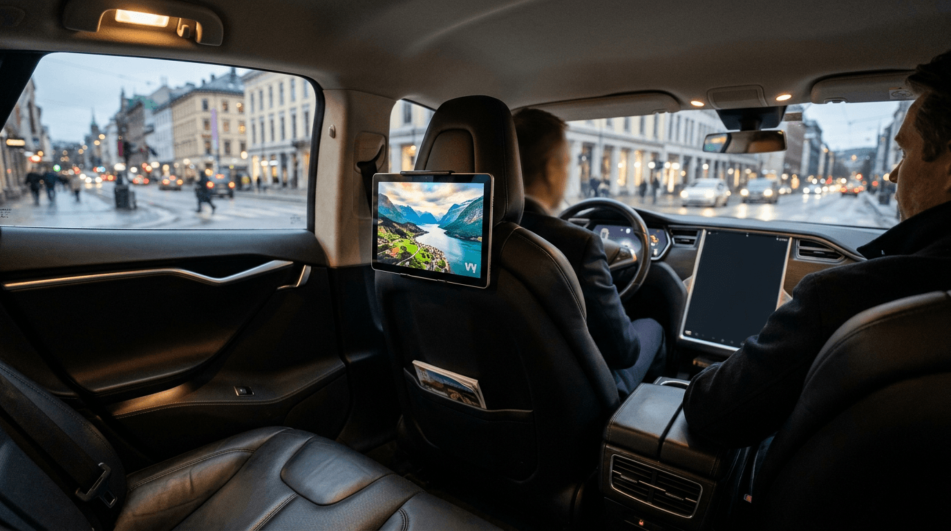 Taxiinteriør med nettbrett på seterygg som viser reklame